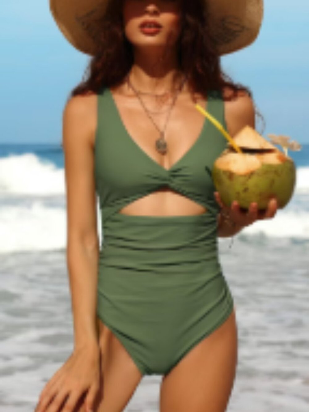 Charmo Twist Front Cutout Details Ruched Bodice One Piece Swimsuit UPF50 Green L